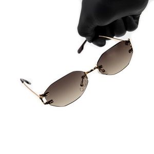 Men's Brown Tint Oval Gold Frame Rimless Luxury Summer Hip Hop Sunglasses